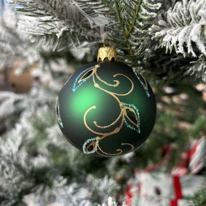 SKLENENÁ VIANOČNÁ OZDOBA - ZELENÁ GUĽA S ORNAMENTAMI (9 CM)